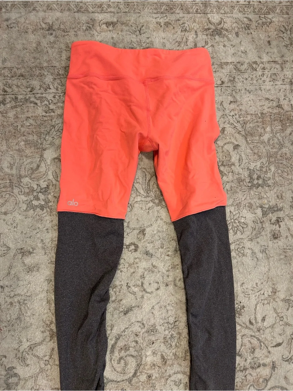 ALO Yoga Two-Tone Coral and Charcoal Leggings